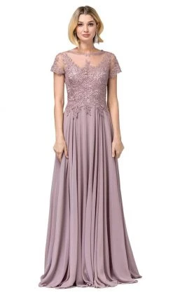 Dancing Queen - 2727 Embroidered Rosette Short Sleeve Long Dress Formal Gowns