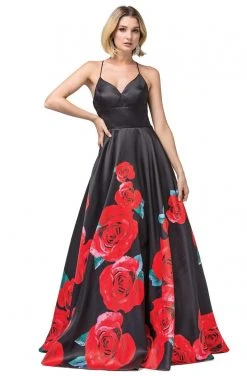 Dancing Queen - 2843 Floral V-Neck Pleated Ballgown Formal Gowns