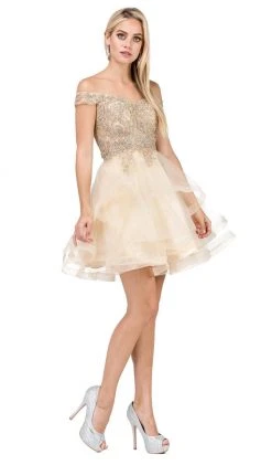Dancing Queen - 3000 Gold Lace Overlay And Tulle A Line Cocktail Dress