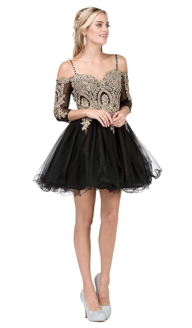 Dancing Queen - 3001 Cold Shoulder Gold Lace Applique Cocktail Dress 3 Dancing Queen - 3001 Cold Shoulder Gold Lace Applique Cocktail Dress