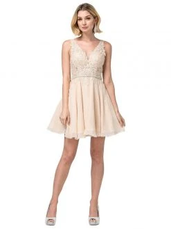 Dancing Queen - 3011 Plunging V-Neck Lace Bodice Homecoming Dress Cocktail Dresses