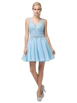 Dancing Queen - 3011 Plunging V-Neck Lace Bodice Homecoming Dress Cocktail Dresses
