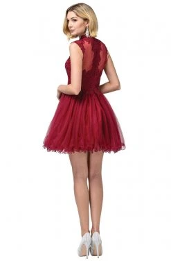 Dancing Queen - 3027 Beaded Lace High Neck A-Line Dress Cocktail Dresses