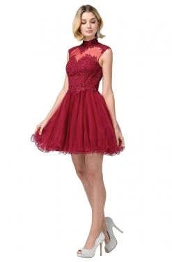 Dancing Queen - 3027 Beaded Lace High Neck A-Line Dress Cocktail Dresses