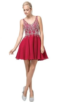 Dancing Queen - 3129 Embellished V-Neck A-Line Cocktail Dress Cocktail Dresses