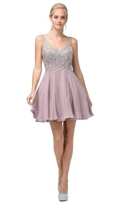 Dancing Queen - 3129 Embellished V-Neck A-Line Cocktail Dress Cocktail Dresses