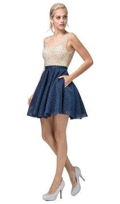 Cocktail Dresses Dancing Queen - 3130 Sleeveless V Neck Beaded Top A-Line Dress