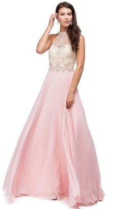 Dancing Queen - 9293 Embellished Illusion Halter Choker Neck Chiffon A-Line Dress - 1 Pc Blush In Size L Available Formal Gowns