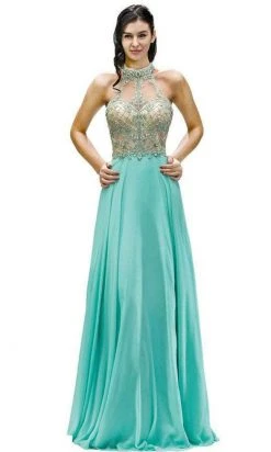 Dancing Queen - 9293 Embellished Illusion Halter Choker Neck Chiffon A-Line Dress - 1 Pc Blush In Size L Available Formal Gowns