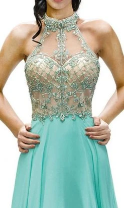 Dancing Queen - 9293 Embellished Illusion Halter Choker Neck Chiffon A-Line Dress - 1 Pc Blush In Size L Available Formal Gowns