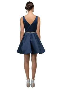 Dancing Queen - 9504 Jeweled Waistband Sweetheart Neck Satin A-line Cocktail Dress - 1 Pc Navy In Size L Available