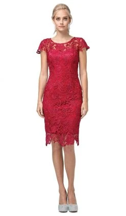 Dancing Queen - 9677 Lace Embroidered Scoop Neck Fitted Dress