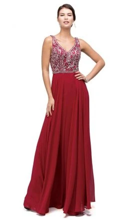 Dancing Queen - Beaded V-Neck Chiffon A-line Dress 9589 - 2 Pc Champagne In Size M And L Available