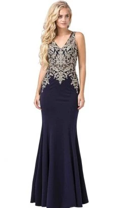 Dancing Queen - Embellished V-Neck Fitted Long Gown 2496 - 1 Pc Navy In Size S Available Formal Gowns