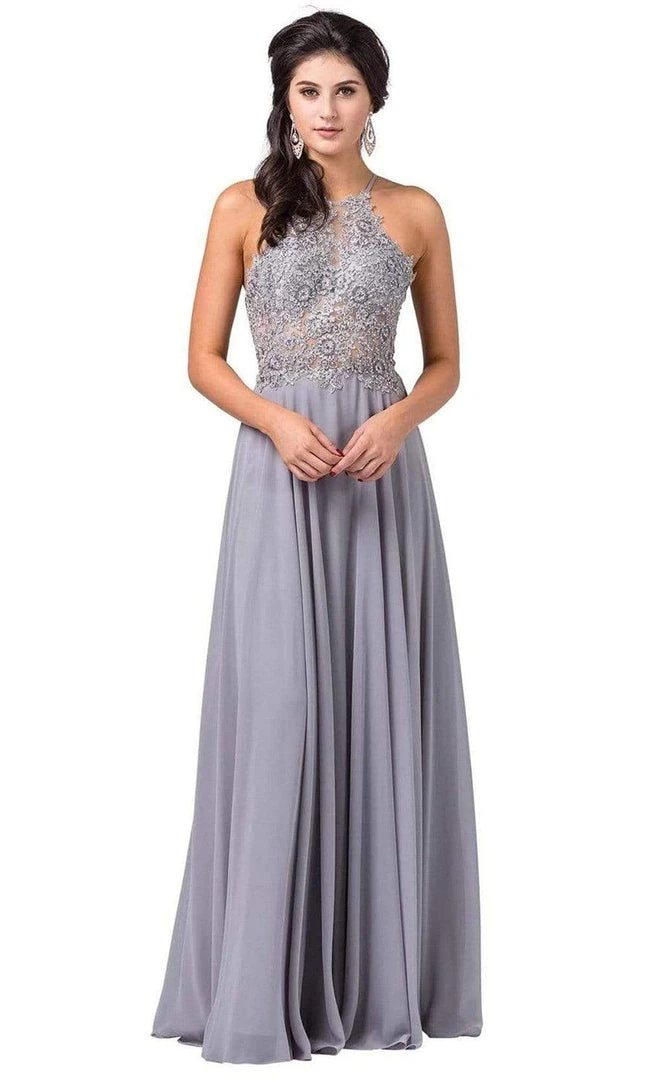 Formal Gowns Dancing Queen - Halter Lace Applique A-line Dress 2716 - 1 Pc Silver In Size XS Available 3 Formal Gowns Dancing Queen - Halter Lace Applique A-line Dress 2716 - 1 Pc Silver In Size XS Available