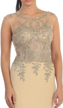 Dancing Queen - Sheer Cap Sleeves Gold Tone Lace Applique Gown 9173 - 1 Pc. Nude In Size Medium Available