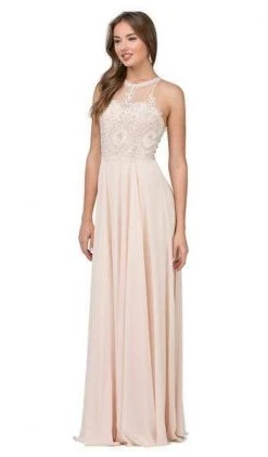 Formal Gowns Dancing Queen - Sleeveless Illusion Jewel Lace Ornate Prom Gown 2234 - 2 Pcs Blush In Size XS And 3XL Available