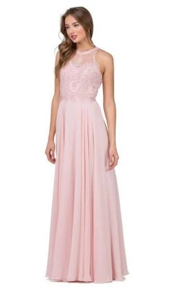 Formal Gowns Dancing Queen - Sleeveless Illusion Jewel Lace Ornate Prom Gown 2234 - 2 Pcs Blush In Size XS And 3XL Available