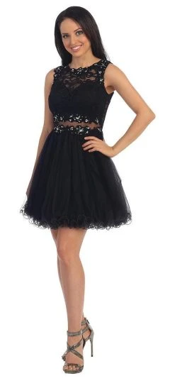 Dancing Queen Sleeveless Lace Illusion Tulle Short Prom Dress 9080 Cocktail Dresses