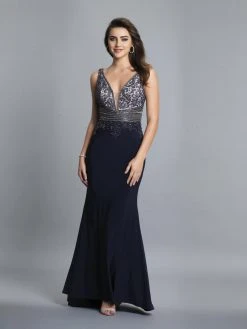 Dave & Johnny - Adorned Empire Waist Sleeveless Mermaid Gown A7429 - 1 Pc. Navy Blue In Size 4 And 1 Pc Emerald In Size 6 Available Formal Gowns