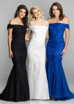 Formal Gowns Dave & Johnny - Off Shoulder Lace Ornate Mermaid Gown 3377 - 1 Pc Saphire Blue In Size 4 Available