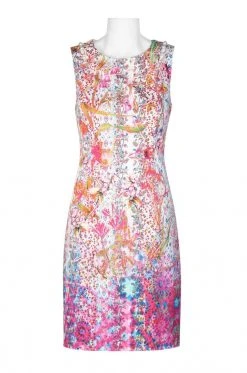 Cocktail Dresses Elie Tahari - E6033607 Multi-Print Jewel Neck Sheath Dress