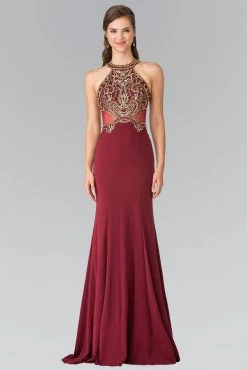 Formal Gowns Elizabeth K - Bead Embellished Halter Sheer Back Evening Gown GL2328 - 1 Pc Burgundy In Size XS Available