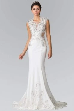 Elizabeth K Bridal - GL2326 Beaded Queen Anne Jersey Sheath Wedding Dress Formal Gowns
