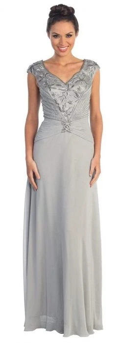 Formal Gowns Elizabeth K - GL1048 Beaded Cap Sleeve V-neck A-line Dress