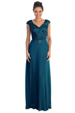 Formal Gowns Elizabeth K - GL1048 Beaded Cap Sleeve V-neck A-line Dress