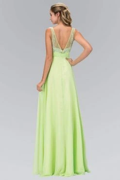 Elizabeth K - GL1073 Adorned V-Neck Illusion A-Line Gown Formal Gowns