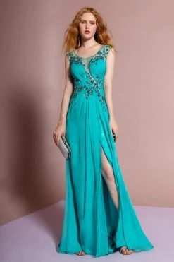 Elizabeth K - GL1088 Bejeweled Cap Sleeve Illusion Bateau Dress Formal Gowns