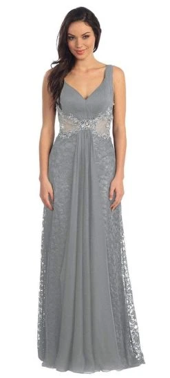Formal Gowns Elizabeth K - GL1092 Lace Overlay V-Neck A-Line Gown