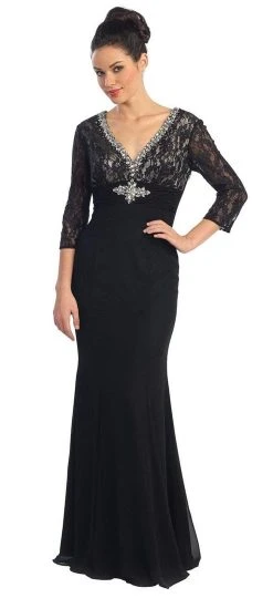 Elizabeth K - GL1133 Quarter Length Sleeve Jeweled V-Neck Dress Formal Gowns
