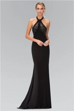 Formal Gowns Elizabeth K - GL1330 Halter Neckline Beaded Black Gown
