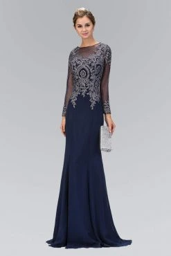 Elizabeth K - GL1368 Laced Bateau Neck Long Sleeve Dress Formal Gowns