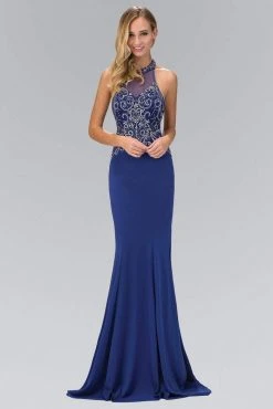 Elizabeth K - GL1373 Jewel-Accented Halter Neck Jersey Gown