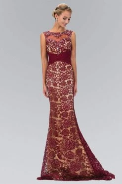 Elizabeth K GL1415 Bejeweled Fitted Illusion Trumpet Gown - 1 Pc Burgundy In Size XL Available Formal Gowns