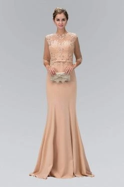 Elizabeth K - GL1423 Sheer Neckline With Three Quarter Sleeves Gown