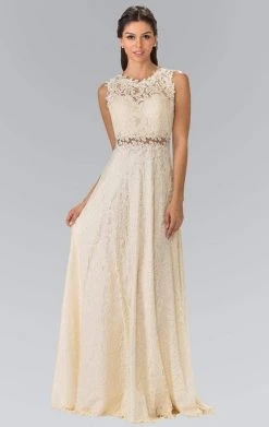 Formal Gowns Elizabeth K GL1460 Sleeveless Illusion Paneled Lace Long Gown - 1 Pcs Champagne In Size M Available
