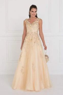 Formal Gowns Elizabeth K - GL1517 Floral Embroidered Cap Sleeves Gown