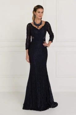 Formal Gowns Elizabeth K - GL1532 Lace Wide V-neck Sheath Dress