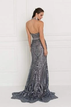 Formal Gowns Elizabeth K - GL1549 Plunging Cutout High Halter Metallic Beaded Gown 5 Formal Gowns Elizabeth K - GL1549 Plunging Cutout High Halter Metallic Beaded Gown