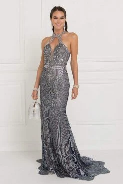 Formal Gowns Elizabeth K - GL1549 Plunging Cutout High Halter Metallic Beaded Gown