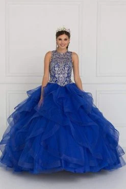 Elizabeth K - GL1553 Bejeweled Ruffled Ballgown With Sheer Bolero