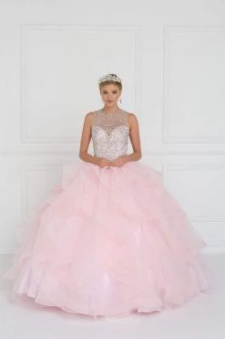 Elizabeth K - GL1553 Bejeweled Ruffled Ballgown With Sheer Bolero
