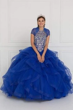 Elizabeth K - GL1553 Bejeweled Ruffled Ballgown With Sheer Bolero