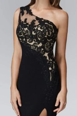 Formal Gowns Elizabeth K - GL2066 Appliqued Asymmetrical Illusion Long Gown