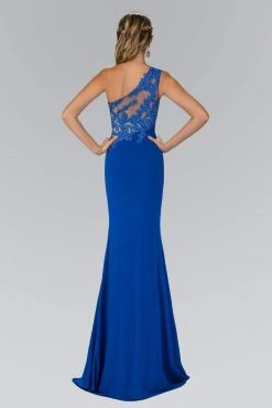 Formal Gowns Elizabeth K - GL2066 Appliqued Asymmetrical Illusion Long Gown