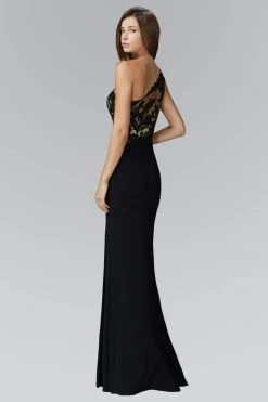 Formal Gowns Elizabeth K - GL2066 Appliqued Asymmetrical Illusion Long Gown